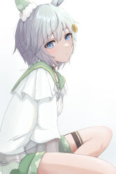 Rule 34 | 1girl, absurdres, animal ears, closed mouth, commentary request, ear covers, green shorts, grey hair, hair between eyes, hair ornament, hairclip, highres, horse ears, horse girl, looking at viewer, mino (mii mt), on ground, seiun sky (umamusume), shirt, short hair, shorts, simple background, single ear cover, solo, thigh strap, twitter username, umamusume, white background, white shirt
