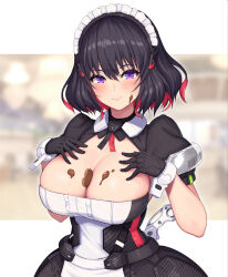 Rule 34 | 1girl, apron, black dress, black gloves, candy, chocolate, chocolate heart, chocolate on body, chocolate on breasts, dress, food, food on body, food on face, gloves, heart, highres, javelin (nidy), looking at viewer, maid apron, maid headdress, nidy, original, purple eyes, short sleeves, smile, solo, standing, valentine, white apron