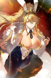 Rule 34 | 1girl, absurdres, ahoge, animal ears, artoria pendragon (all), artoria pendragon (fate), artoria pendragon (swimsuit ruler) (fate), bare shoulders, blonde hair, blue necktie, blue pantyhose, braid, breasts, cleavage, clothing cutout, detached collar, fake animal ears, fate/grand order, fate (series), feather boa, fishnet pantyhose, fishnets, french braid, green eyes, hair between eyes, highleg, highleg leotard, highres, large breasts, leotard, long hair, looking at viewer, navel, navel cutout, necktie, nishiide kengorou, pantyhose, playboy bunny, ponytail, rabbit ears, sidelocks, smile, solo, sparkle, thighs, tiara, white leotard, wrist cuffs
