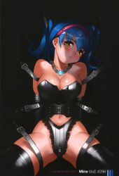 Rule 34 | 1girl, 2001, bdsm, belt, black background, black theme, blue hair, bondage, bound, breasts, cleavage, dated, elbow gloves, female focus, gloves, jewelry, long hair, navel, necklace, os-tan, parted lips, solo, spread legs, thighhighs, winchan, yellow eyes, yoshizaki mine