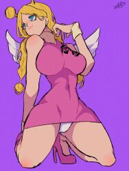 Rule 34 | 1girl, angel wings, antennae, artist logo, bare arms, bare legs, bare shoulders, blonde hair, blue eyes, braid, breasts, closed mouth, conis (one piece), covered navel, dress, facing viewer, female focus, full body, high heels, highres, kanikanipan3740, kneeling, large breasts, legs apart, lips, looking to the side, narrow waist, one piece, panties, pantyshot, pink dress, pink theme, purple background, short dress, simple background, solo, thick thighs, thighs, twin braids, underwear, upskirt, white panties, white wings, wings, wristband