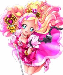 Rule 34 | 1girl, blonde hair, blue eyes, blush, boots, bow, chain, choker, cure flora, dress, earrings, eyebrows, eyelashes, flower, flower earrings, frilled dress, frills, gloves, go! princess precure, gradient background, gradient hair, hair ornament, half updo, happy, haruno haruka, high heel boots, high heels, highres, jewelry, long hair, long legs, looking at viewer, magical girl, multicolored hair, pink dress, pink hair, pink ribbon, pink theme, precure, puffy sleeves, ribbon, sharumon, simple background, smile, solo, staff, streaked hair, tiara, two-tone hair, waist bow, white background, white gloves