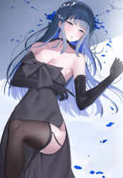 Rule 34 | 1girl, alternate costume, bare shoulders, black dress, black gloves, black thighhighs, blue archive, blue eyes, blue hair, blunt bangs, blush, breasts, commentary request, dress, elbow gloves, gloves, hair ornament, highres, large breasts, long hair, looking at viewer, lying, on back, parted lips, partial commentary, saori (blue archive), saori (dress) (blue archive), shougun (chuckni1), solo, thighhighs, thighs
