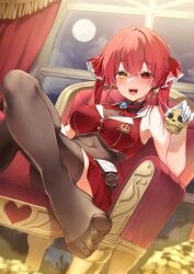 Rule 34 | 1girl, absurdres, armchair, blush, chair, crossed legs, feet, full moon, heterochromia, highres, hololive, houshou marine, houshou marine (1st costume), long hair, looking at viewer, miltea, moon, open mouth, red eyes, red hair, see-through, see-through legwear, see-through midriff, thighhighs, toes, twintails, virtual youtuber, yellow eyes