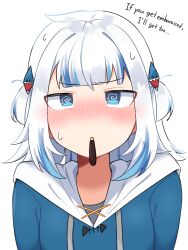 Rule 34 | 1girl, @ @, absurdres, animal costume, blue eyes, blue hair, blue hoodie, blush, food, food in mouth, gawr gura, gawr gura (1st costume), hair ornament, highres, hololive, hololive english, hood, hoodie, incoming pocky kiss, looking at viewer, mouth hold, multicolored hair, pocky, pocky in mouth, shark costume, shark hair ornament, skkazu1, streaked hair, two side up, virtual youtuber, white hair