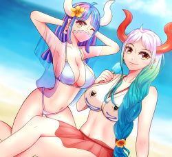 Rule 34 | 2girls, adapted costume, alternate costume, alternate hairstyle, aqua hair, beach, bikini, blue hair, blue sky, braid, breasts, cleavage, curled horns, day, earrings, food, gradient hair, hair over shoulder, horns, jewelry, koro7789x, large breasts, long hair, looking at viewer, mask, mouth mask, multicolored hair, multiple girls, navel, ocean, one piece, oni horns, orange horns, outdoors, popsicle, purple hair, red skirt, silver hair, single braid, sitting, skirt, sky, swimsuit, two-tone hair, ulti (one piece), very long hair, white bikini, yamato (one piece)