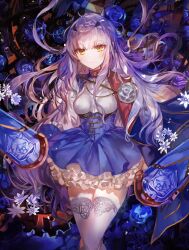 Rule 34 | 1girl, aiguillette, blue cape, blue dress, blue flower, breasts, cape, dress, fate/grand order, fate (series), flower, forked eyebrows, frills, gauntlets, highres, long hair, long sleeves, looking at viewer, melusine (fate), melusine (second ascension) (fate), rioka (southern blue sky), rose, sidelocks, small breasts, solo, thighhighs, thighs, white flower, white hair, white rose, white thighhighs, yellow eyes
