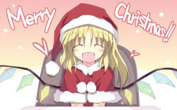 Rule 34 | 1girl, :d, ^ ^, alternate costume, blonde hair, blush, chair, christmas, closed eyes, closed eyes, fangs, female focus, flandre scarlet, happy, hat, heart, highres, merry christmas, open mouth, santa costume, santa hat, satou kibi, side ponytail, smile, solo, touhou, wings
