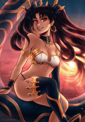 Rule 34 | 1girl, armlet, armor, bikini armor, black ribbon, breasts, brown hair, cleavage, crown, detached collar, detached sleeves, earrings, elbow gloves, fate/grand order, fate (series), gloves, hair ribbon, hoop earrings, iahfy, image sample, ishtar (fate), ishtar (fate), jewelry, long hair, medium breasts, red eyes, ribbon, single detached sleeve, single elbow glove, single thighhigh, sitting, smile, solo, sunset, thighhighs, tumblr sample, two side up