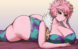 Rule 34 | 1girl, ashido mina, ass, batako (batakoart), black sclera, boku no hero academia, breasts, cleavage, colored sclera, colored skin, female focus, highres, huge ass, huge breasts, leotard, looking at viewer, lying, on stomach, pink hair, pink skin, short hair, solo, thick thighs, thighhighs, thighs, yellow eyes