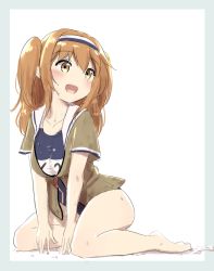 Rule 34 | 10s, 1girl, border, breasts, brown eyes, green background, hairband, i-26 (kancolle), kantai collection, large breasts, light brown hair, long hair, name tag, new school swimsuit, one-piece swimsuit, open clothes, sailor collar, school swimsuit, short sleeves, simple background, sitting, smile, solo, swimsuit, swimsuit under clothes, two-tone hairband, two side up, wamu (chartreuse), wariza, wet, wet clothes, wet swimsuit, white background