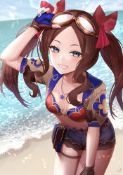 Rule 34 | 1girl, beach, bikini, bikini top only, blue eyes, blue shorts, blush, breasts, brown gloves, brown hair, collarbone, fate/grand order, fate (series), fingerless gloves, forehead, gloves, goggles, grin, hair ribbon, highres, ironatsuki, jewelry, leonardo da vinci (fate), leonardo da vinci (swimsuit ruler) (fate), long hair, looking at viewer, necklace, parted bangs, puffy short sleeves, puffy sleeves, red bikini, red ribbon, ribbon, shore, short shorts, short sleeves, shorts, shrug (clothing), sidelocks, small breasts, smile, solo, swimsuit, thighs, twintails