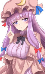 Rule 34 | 1girl, arm under breasts, breasts, dress, hat, highres, large breasts, mob cap, namiki (remiter00), patchouli knowledge, purple dress, purple hair, ribbed dress, side ponytail, simple background, solo, touhou, upper body, white background, wide sleeves