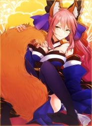 Rule 34 | 10s, 1girl, animal ears, breasts, fate/extra, fate (series), fox ears, fox tail, huge breasts, japanese clothes, no shoes, pink hair, ribbon, sitting, smile, solo, tail, tamamo no mae (fate/extra), thighhighs, tusia, twintails, yellow eyes