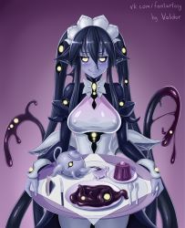 Rule 34 | 1girl, alternate hairstyle, artist name, black sclera, blush, breasts, closed mouth, colored sclera, colored skin, commentary, covered erect nipples, cowboy shot, cup, dress, eldritch abomination, english commentary, extra eyes, fingernails, food, fork, hair between eyes, holding, knife, large breasts, long hair, maid, maid headdress, monster girl, monster girl encyclopedia, plate, pudding, purple skin, red background, shoggoth (monster girl encyclopedia), signature, smile, solo, spoon, standing, teacup, teapot, tentacles, tissue, tray, twintails, valldor, very long hair, watermark, web address, white dress, yellow eyes