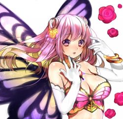 Rule 34 | 1girl, :o, bad id, bad twitter id, bare shoulders, blonde hair, blush, bracelet, breasts, butterfly wings, choker, cleavage, double bun, elbow gloves, fairy, flower, gloves, gradient hair, hair bun, hair flower, hair ornament, insect wings, jewelry, large breasts, long hair, looking at viewer, multicolored hair, original, pink eyes, pink hair, red flower, red rose, rose, solo, sparkle, tsukiriran, upper body, white gloves, wings