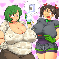 Rule 34 | 2girls, arrow (symbol), borrowed character, bottle, grabbing another&#039;s breast, breasts, brown hair, cosplay, cow, cow girl, emerald (sprite37), emerald (sprite37) (cosplay), fat, gigantic breasts, glasses, gloves, grabbing, green hair, hataraki ari, heart, horns, milk, multiple girls, original, red eyes, standing, sukimi, sukimi (cosplay), twintails, yellow eyes