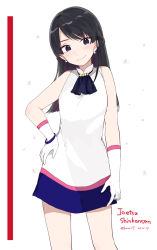 Rule 34 | 1girl, black hair, black neckwear, braid, dated, earrings, gloves, hand on own hip, highres, hiroe (cosmos blue-02 421), jewelry, looking at viewer, original, pearl earrings, personification, shirt, simple background, sleeveless, smile, solo, standing, white gloves, white shirt