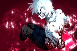 Rule 34 | 1boy, black-framed eyewear, black pants, blood, blood on clothes, blood on face, blue eyes, chinese commentary, closed mouth, colored eyelashes, commentary request, glasses, highres, kanou aogu, long sleeves, male focus, pale skin, pants, partially submerged, sa you jia, saibou shinkyoku, short hair, sitting, solo, white hair