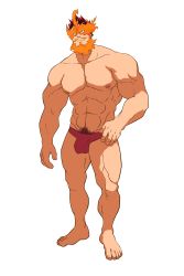 Rule 34 | 10s, 1boy, 99-on, abs, absurdres, bara, boku no hero academia, crotch, endeavor (boku no hero academia), facial hair, facing viewer, fire, full body, highres, looking at viewer, male focus, muscular, nipples, pectorals, pubic hair, short hair, simple background, solo, spiked hair, standing, topless male, underwear, white background