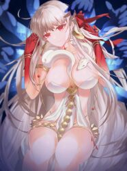 Rule 34 | 1girl, armlet, bare shoulders, belly chain, blush, body markings, bracelet, breasts, cleavage, collarbone, colored skin, durga (fate), earrings, endlessfalling, extra arms, facial mark, fate/grand order, fate (series), forehead mark, gradient skin, grey hair, hair ribbon, jewelry, kali (fate), large breasts, long hair, looking at viewer, pelvic curtain, red eyes, red skin, revealing clothes, ribbon, sash, snake, solo, thighs, thumb ring, very long hair