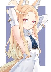 1girl akaya_(pixiv20545353) animal_ear_fluff animal_ears armpits arms_behind_head arms_up blonde_hair blue_archive blush border bow breasts brown_bow closed_mouth commentary_request detached_sleeves dress forehead grey_background halo highres long_hair long_sleeves looking_at_viewer parted_bangs red_eyes seia_(blue_archive) sleeveless sleeveless_dress small_breasts solo tail very_long_hair white_border white_dress white_sleeves