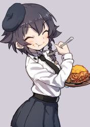 Rule 34 | 10s, 1girl, :t, anzio school uniform, beret, black hair, black hat, black necktie, black skirt, braid, brown eyes, closed eyes, closed mouth, commentary, dress shirt, emblem, facing viewer, food, food on face, fork, from side, gazacy (dai), girls und panzer, grey background, hat, highres, holding, long sleeves, miniskirt, necktie, pasta, pepperoni (girls und panzer), plate, pleated skirt, school uniform, shirt, short hair, side braid, simple background, skirt, smile, solo, standing, upper body, v-shaped eyebrows, white shirt, wing collar