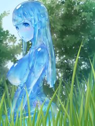 Rule 34 | 1girl, :o, aftersex, between legs, blue eyes, blue hair, blue skin, blunt bangs, blush, breasts, collarbone, colored skin, commentary request, cum, day, ejaculation, from side, grass, hand between legs, hekirake, highres, internal cumshot, large breasts, long hair, looking at viewer, looking to the side, monster girl, nipples, nude, open mouth, original, outdoors, see-through body, sidelocks, sitting, slime girl, solo, straight hair, tree
