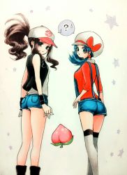 Rule 34 | 2girls, ?, baseball cap, berry (pokemon), black vest, blue hair, blue shorts, breasts, brown hair, creatures (company), earrings, feet out of frame, food, fruit, game freak, hat, hat ribbon, highres, hilda (pokemon), jewelry, kris (pokemon), minapo, multiple girls, nintendo, overalls, pecha berry, pocket, pokemon, pokemon adventures, red ribbon, ribbon, shirt, short shorts, shorts, sidelocks, simple background, small breasts, speech bubble, star (symbol), star earrings, starry background, sweatdrop, thighhighs, twintails, vest, white background, white hat, white shirt, worried