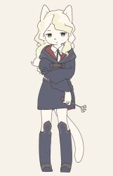 1girl animal_ears animification boots cat_ears cat_girl cat_tail commentary cosplay diana_cavendish diana_cavendish_(cosplay) expressionless furrification furry furry_female holding holding_wand hood hood_down knee_boots little_witch_academia long_hair looking_at_viewer luna_nova_school_uniform purple_footwear purple_robe robe school_uniform simple_background solo tail wand white_background white_fur witch yagi_(s1120411)