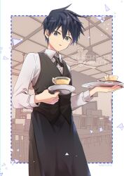 Rule 34 | 1boy, :o, barista, blue eyes, blue hair, chair, collared shirt, cup, highres, indoors, kageyama ritsu, long sleeves, maa ohg, male focus, mob psycho 100, out of frame, outside border, shirt, solo, spiked hair, table, white shirt