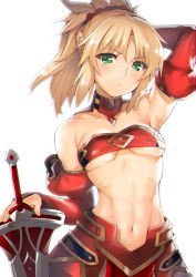 Rule 34 | 1girl, abs, armpits, bandeau, bare shoulders, blonde hair, breasts, clarent (fate), fate/apocrypha, fate (series), gloves, green eyes, highres, long hair, looking at viewer, midriff, mordred (fate), mordred (fate/apocrypha), navel, planted, planted sword, planted weapon, ponytail, red gloves, shiba nanasei, simple background, small breasts, solo, sword, toned, underboob, weapon, white background