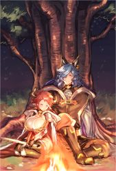 Rule 34 | 1boy, 1girl, against tree, animal ears, armor, black gloves, black thighhighs, blue hair, blush, boots, bra, breasts, brown bra, brown footwear, brown pants, brown vest, campfire, cape, cleavage, closed eyes, closed mouth, commentary request, couple, cow ears, cow horns, cross, cross earrings, drang (granblue fantasy), draph, earrings, elbow pads, eno yukimi, erune, fire, gloves, granblue fantasy, grass, grey shirt, hair over one eye, head tilt, height difference, highres, holding, holding sword, holding weapon, hood, hood down, hooded cape, horns, huge breasts, jewelry, knee boots, knee pads, leotard, light particles, long hair, long sleeves, looking at another, night, night sky, orange eyes, outdoors, pants, pauldrons, pointy ears, print bra, red cape, red hair, red leotard, shirt, short hair, shortstack, shoulder armor, sidelocks, sitting, sketch, sky, sleeping, smile, sturm (granblue fantasy), sword, thighhighs, tree, underwear, vest, wariza, wavy hair, weapon, white cape