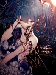 Rule 34 | 1girl, :o, arm up, atha (leejuiping), bare shoulders, blue dress, blue eyes, blue flower, blue hair, blue rose, blush, bow, bracelet, breasts, commentary request, dress, dutch angle, earrings, english text, flower, glint, hair between eyes, hatsune miku, highres, jewelry, long hair, microphone, mirrored text, parted lips, rose, small breasts, solo, star (symbol), strapless, strapless dress, twintails, upside-down text, very long hair, vocaloid, white bow