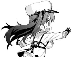 Rule 34 | 1girl, @ @, ass, azur lane, bow, breasts, fang, from behind, gloves, greyscale, hair bow, hat, hori (hori no su), large breasts, long hair, long sleeves, monochrome, oppai loli, pamiat merkuria (azur lane), panties, solo, twintails, underwear