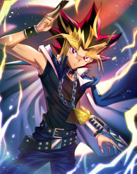 Rule 34 | 1boy, absurdres, belt, belt buckle, belt pouch, black hair, black shirt, blonde hair, blue pants, buckle, cape, card, chain necklace, closed mouth, duel disk, electricity, highres, holding, holding card, male focus, millennium puzzle, multicolored shirt, necklace, pants, pink hair, pouch, serious, shirt, sleeveless, sleeveless shirt, solo, y.m, yami yugi, yu-gi-oh!, yu-gi-oh! duel monsters