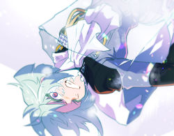 Rule 34 | 1boy, ascot, bae (baebae), black jacket, clenched teeth, frost, frozen, green hair, ice, ice block, jacket, light green hair, lio fotia, male focus, promare, purple eyes, see-through, solo, teeth, white hair, wince