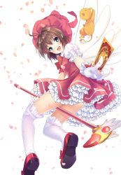 Rule 34 | 1990s (style), 1girl, :d, aqua eyes, between fingers, brown hair, cardcaptor sakura, clow card, dress, flying, fuuin no tsue, gloves, hat, holding, kamon (shinshin), kero (cardcaptor sakura), kinomoto sakura, looking back, open mouth, petals, petticoat, pink hat, puffy short sleeves, puffy sleeves, red dress, red footwear, retro artstyle, ribbon-trimmed gloves, ribbon trim, shoes, short hair, short sleeves, smile, sura (mana0703), thighhighs, white gloves, white thighhighs, wings, zettai ryouiki
