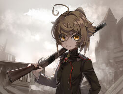 Rule 34 | 1girl, ahoge, blonde hair, closed mouth, collared jacket, commentary, day, expressionless, eyelashes, green jacket, gun, hair between eyes, holding, holding gun, holding weapon, jacket, lips, long sleeves, looking at viewer, military, military jacket, military uniform, nyoro (nyoronyoro000), outdoors, over shoulder, overcast, rifle, ruins, sky, solo, tanya degurechaff, uniform, upper body, weapon, weapon over shoulder, weapon request, yellow eyes, youjo senki