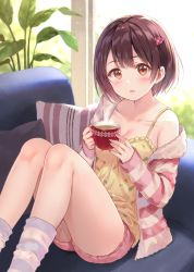Rule 34 | 1girl, 2hands1cup, blue socks, blush, breasts, brown eyes, brown hair, collarbone, commentary request, couch, cup, day, fukahire (ruinon), hair ornament, holding, holding cup, hood, hoodie, long sleeves, loungewear, medium breasts, original, parted lips, pillow, pink shorts, pink sweater, plant, shirt, short hair, shorts, single bare shoulder, sitting, socks, solo, striped clothes, striped hoodie, striped socks, striped sweater, sweater, undressing, window, yellow shirt