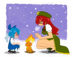 Rule 34 | 2girls, beret, black footwear, blue dress, blue eyes, blue hair, bow, braid, breasts, china dress, chinese clothes, cirno, commentary request, cookie (touhou), creatures (company), crossover, dress, earrings, fire, from side, game freak, gen 3 pokemon, green dress, green eyes, hair between eyes, hair bow, hat, hong meiling, ice, ice wings, jewelry, kurikinton (cookie), long hair, mars (cookie), mars symbol, medium breasts, multiple girls, nintendo, open mouth, pokemon, pokemon (creature), puffy short sleeves, puffy sleeves, red hair, scotch (cookie), shoes, short hair, short sleeves, side braid, snow, snowing, squatting, star (symbol), torchic, touhou, wavy mouth, wings