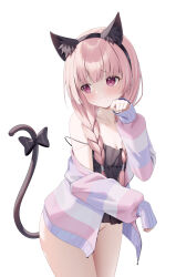 Rule 34 | 1girl, absurdres, animal ear fluff, animal ears, bare shoulders, bingchuan xian yu huang, black bow, black camisole, blunt bangs, blush, bow, braid, breasts, bright pupils, camisole, cardigan, cat ears, cat tail, chinese commentary, cleavage, collarbone, commentary, cowboy shot, embarrassed, eyelashes, eyes visible through hair, fake animal ears, fake tail, groin, hand up, highres, long hair, looking to the side, low twin braids, mitsukasa ayase, no panties, official alternate costume, official alternate hairstyle, open cardigan, open clothes, paw pose, pink hair, purple eyes, raised eyebrows, riddle joker, simple background, sleeves past wrists, small breasts, solo, strap slip, striped cardigan, tail, tail bow, tail ornament, tail raised, twin braids, wavy mouth, white background, zipper