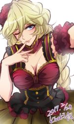 Rule 34 | 1girl, aged up, alternate costume, armband, artist name, blonde hair, blush, braid, breasts, carol malus dienheim, cleavage, commentary, dated, dress, eyelashes, finger to mouth, flower, hair flower, hair ornament, highres, kiraki, large breasts, lips, long hair, looking at viewer, mole, mole under eye, one eye closed, outstretched arm, reaching, reaching towards viewer, selfie, senki zesshou symphogear, shiny skin, simple background, smile, solo, very long hair, white background