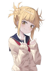Rule 34 | 1girl, bad id, bad pixiv id, blonde hair, blue sailor collar, blunt bangs, boku no hero academia, cardigan, double middle finger, fang, fang out, hair bun, highres, long sleeves, looking at viewer, middle finger, nam (nam990902), neckerchief, red neckerchief, sailor collar, school uniform, short hair, simple background, single hair bun, skin fang, sleeves past wrists, smile, solo, toga himiko, upper body, white background, yellow eyes