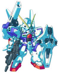 Rule 34 | beam cannon, beam rifle, blue eyes, chibi, commentary request, energy gun, gun, gundam, haiteku reibou, highres, holding, holding gun, holding shield, holding weapon, mecha, mobile suit, no humans, robot, science fiction, second victory gundam, shield, shoulder cannon, simple background, solo, standing, v-fin, victory gundam, weapon, white background