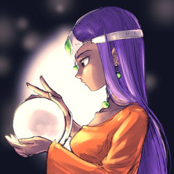 Rule 34 | 1girl, ball, brown eyes, circlet, collarbone, commentary request, crystal ball, dragon quest, dragon quest iv, dress, earrings, highres, holding, holding ball, jewelry, long hair, minea (dq4), necklace, orange dress, pekuchin (pekuchin 3), purple hair, single sleeve, solo