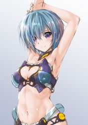 Rule 34 | 1girl, armpits, arms up, bikini, blue hair, breasts, character request, cleavage, cleavage cutout, clothing cutout, cowboy shot, frame arms girl, highres, hresvelgr, komatsu eiji, looking at viewer, medium breasts, navel, purple eyes, short hair, smile, solo, swimsuit