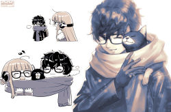 Rule 34 | 10s, 1boy, 1girl, ^^^, amamiya ren, black hair, blush, breath, cat, cheek-to-cheek, closed eyes, fur trim, glasses, gloves, happy, headphones, heads together, jacket, monochrome, morgana (persona 5), nekorin (nekoforest), one eye closed, persona, persona 5, sakura futaba, sandwiched, scarf, sequential, shared clothes, shared scarf, simple background, smile, snow, snowing, upper body, winter clothes