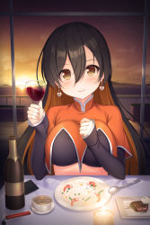 Rule 34 | 1girl, absurdres, alcohol, black hair, black shirt, bottle, breasts, brown eyes, candle, capelet, closed mouth, cloud, commission, crop top, cup, dinner, drinking glass, earrings, food, hair between eyes, highres, holding, holding cup, horizon, indoors, jewelry, kageira, large breasts, long hair, long sleeves, looking at viewer, meat, monero-chan, multicolored hair, orange capelet, orange hair, original, plate, pov, rice, second-party source, shirt, shrimp, sitting, skeb commission, sky, sleeves past wrists, smile, solo, spoon, sunset, table, tea, teacup, tight clothes, two-tone hair, upper body, water, window, wine, wine bottle, wine glass