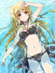 Rule 34 | 1girl, afloat, arm up, bikini, black bikini, blonde hair, breasts, closed mouth, commentary request, fate testarossa, highres, kuroi mimei, light blush, long hair, looking at viewer, lying, lyrical nanoha, mahou shoujo lyrical nanoha strikers, medium breasts, navel, on back, partial commentary, red eyes, side-tie bikini bottom, smile, solo, strapless, strapless bikini, swimsuit, very long hair, water